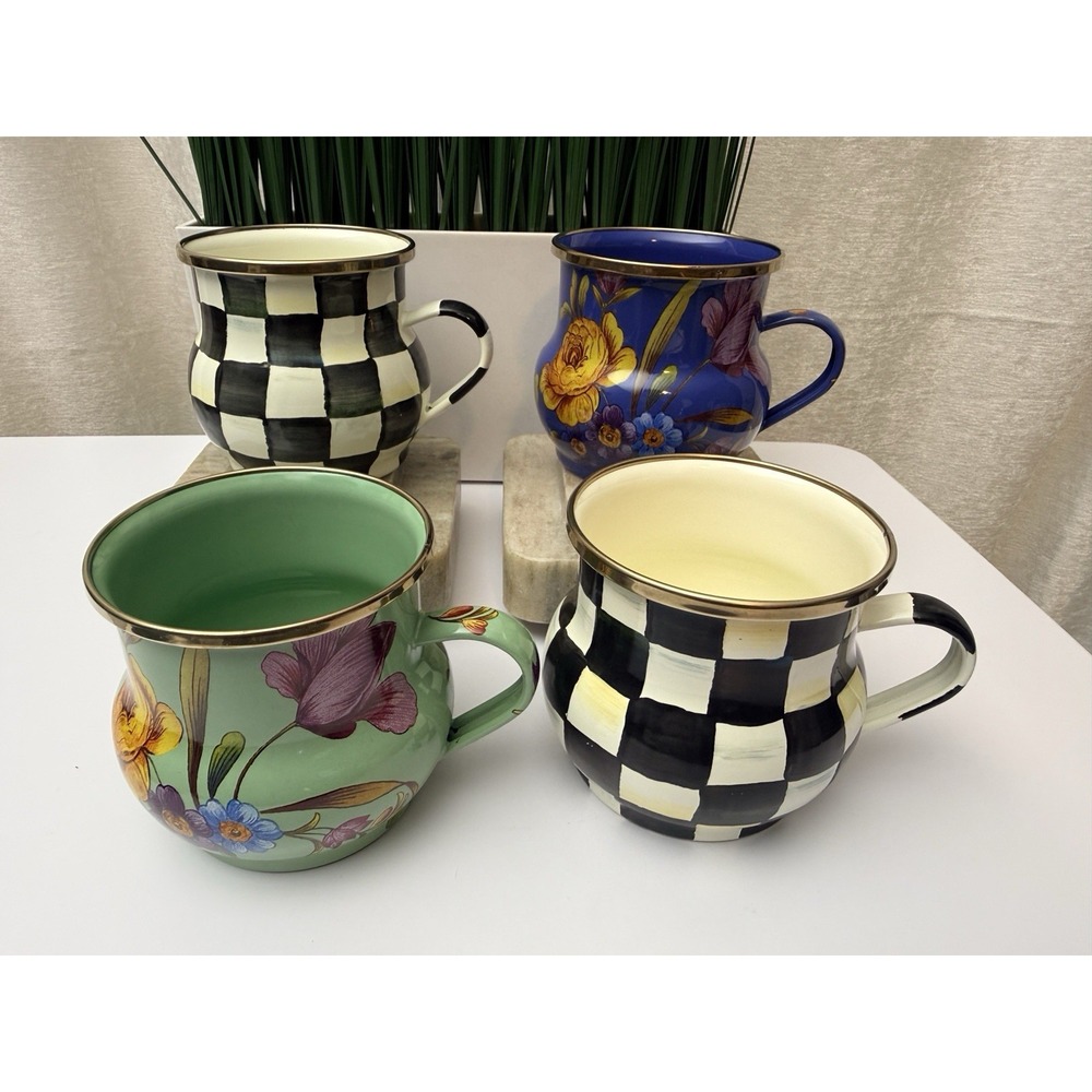 4 McKenzie Childs Courtly Check,Blue & Green Floral Enamel Coffee Mugs  16 oz
